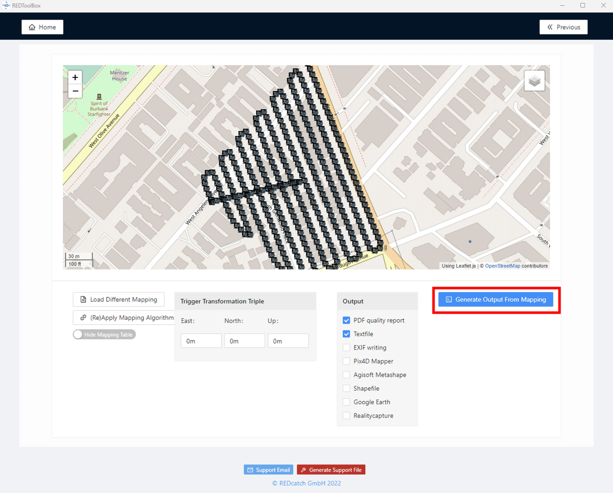 En skärmbild av ett kartverktyg som visar en detaljerad stadsplan med markerade områden och alternativ för att generera olika utdataformat.