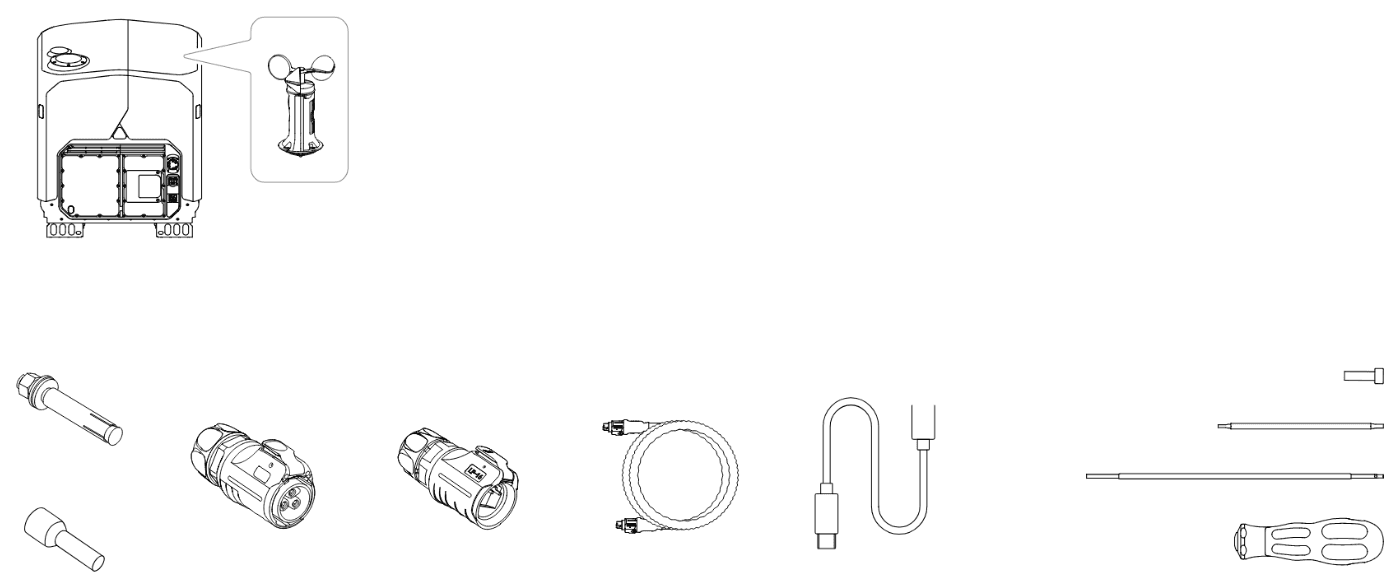 I lådan till Dock 4: dockan med vindmätaren i locket, expanderbultar, kabelhylsor, nätverks- och strömkontakt, nätverkskabel, USB-C-kabel och verktyg.