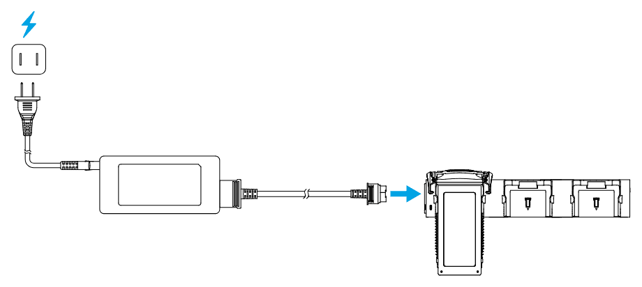 Laddhubben ansluts till DJI 240W Power Adapter, som sitter i ett eluttag.