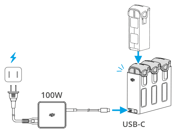 Batterierna trycks ned i laddhubben, och DJI 100W USB-C Power Adapter ansluts till hubbens USB-C-port.