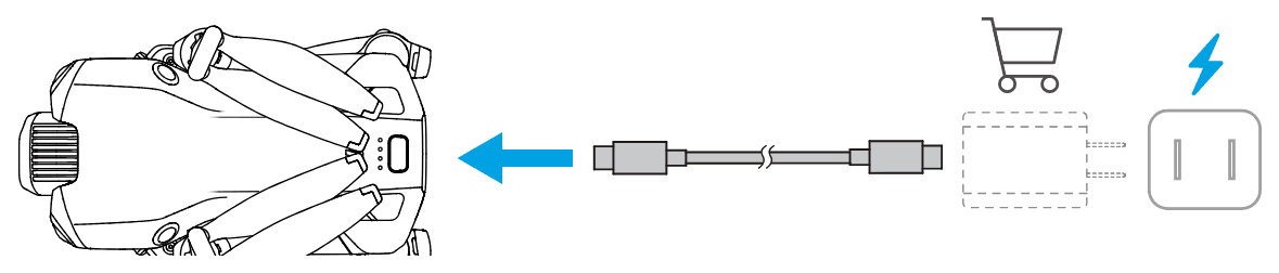 Laddaren ansluts med en USB-C-kabel till porten baktill på drönaren. Kundvagnen betyder att laddaren köps separat.