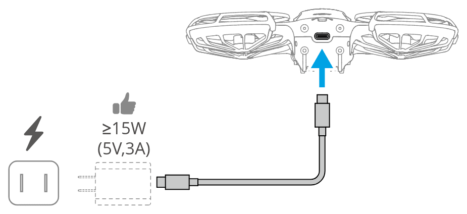 Laddaren (ingår inte, minst 15 W) ansluts med en USB-C-kabel till porten baktill på drönaren.
