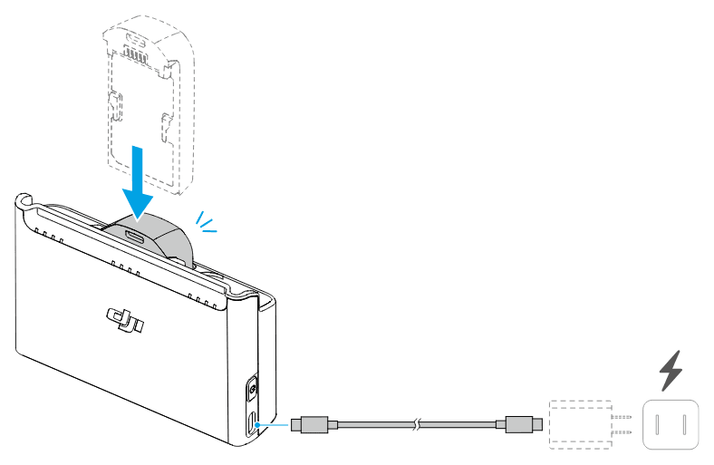 Batterierna trycks ned i laddhubben tills de klickar, och hubben ansluts med en USB-C-kabel till laddaren.