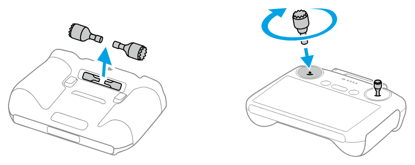 Styrspakarna tas ut ur facken på undersidan av DJI RC 2 och skruvas fast ovanpå fjärrkontrollen.