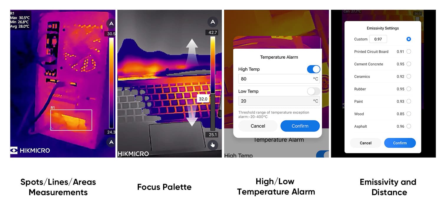 En serie bilder visar funktioner i en termisk kameraapp, inklusive mätningar av punkter och områden, fokuspalett, temperaturalarm och inställningar för emissivitet.