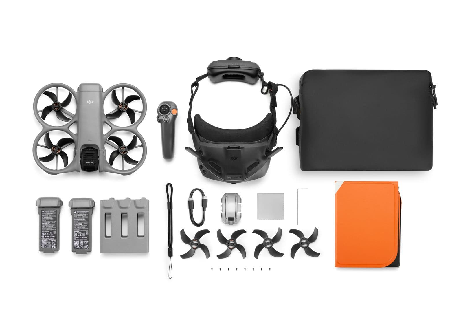 Bilden visar innehållslistan för DJI Avata 360 Motion Fly More Combo.