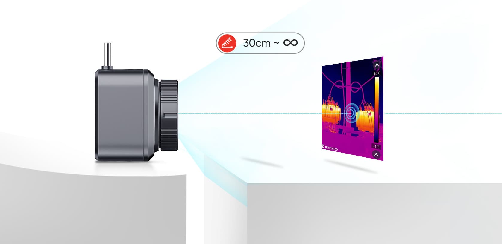 En termisk kamera projicerar en värmebild på en skärm, med ett avståndsintervall från 30 cm till oändlighet.